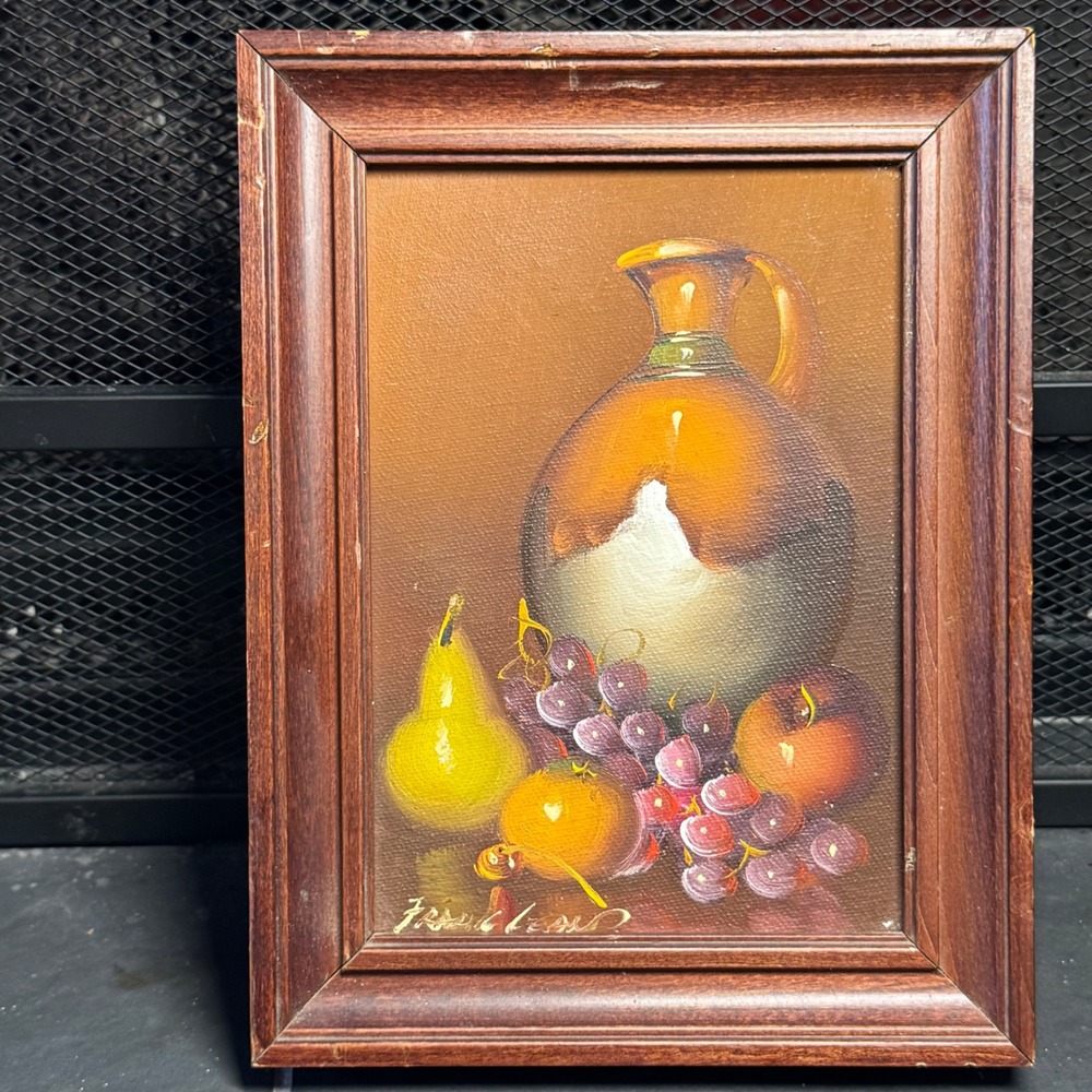 Vintage Frank Lean Still Life Oil Painting Framed Fruit Jug Signed Original Art